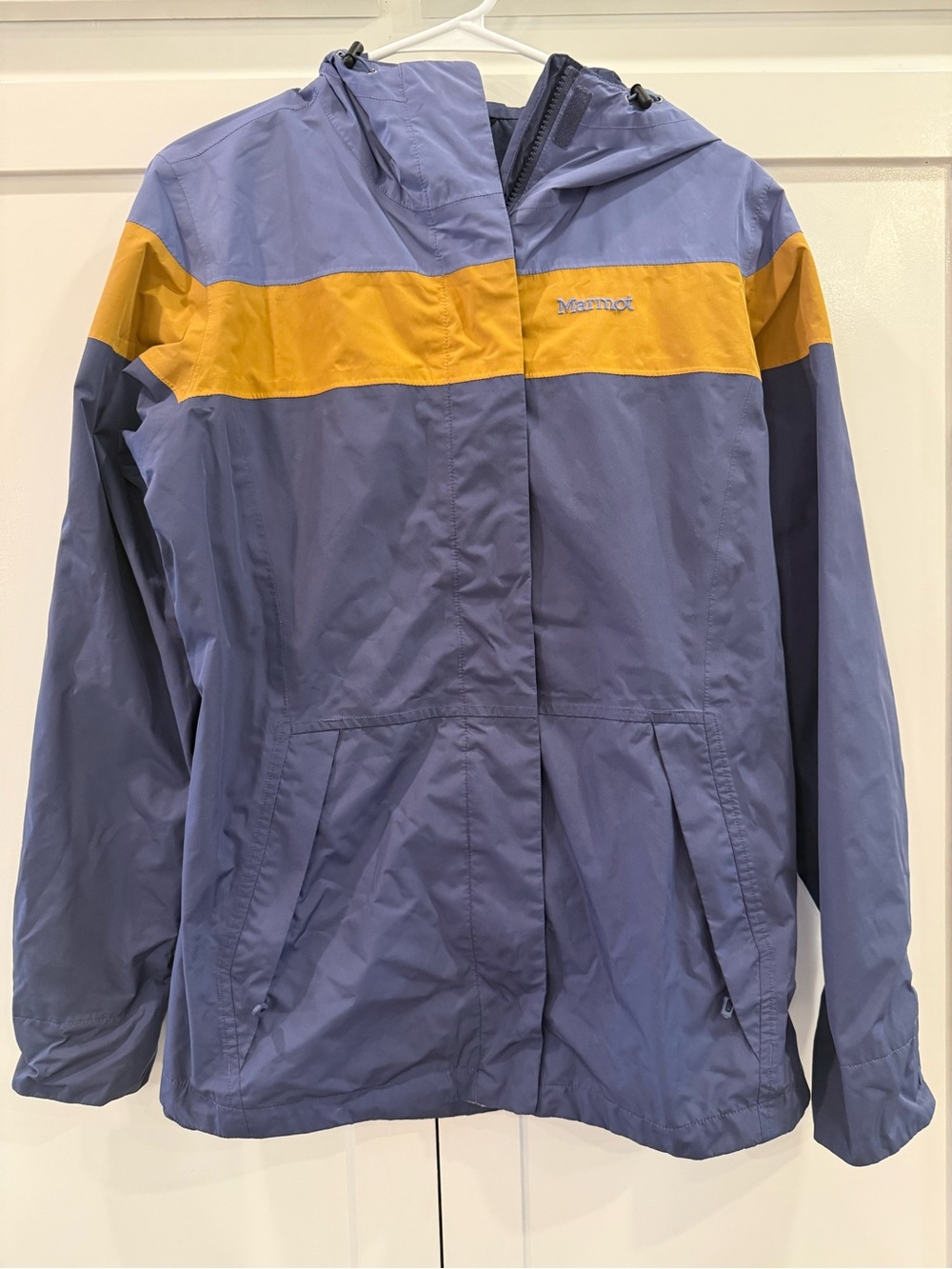 Marmot Women’s Hooded Waterproof Rain Jacket Blue Gold Large Outdoor Coat